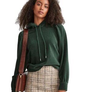 & Other Stories Puff Shoulder Velour Hoodie Dark Green Size S